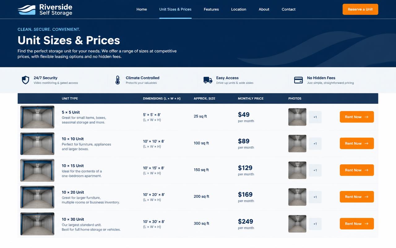 Riverside Self Storage Unit sizes and prices on desktop